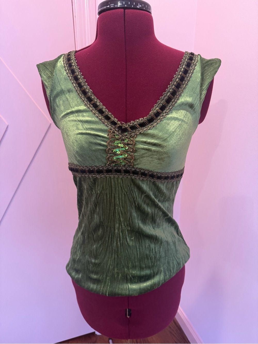 ADORA Green Metallic V-Neck Embellished Sleeveless Top